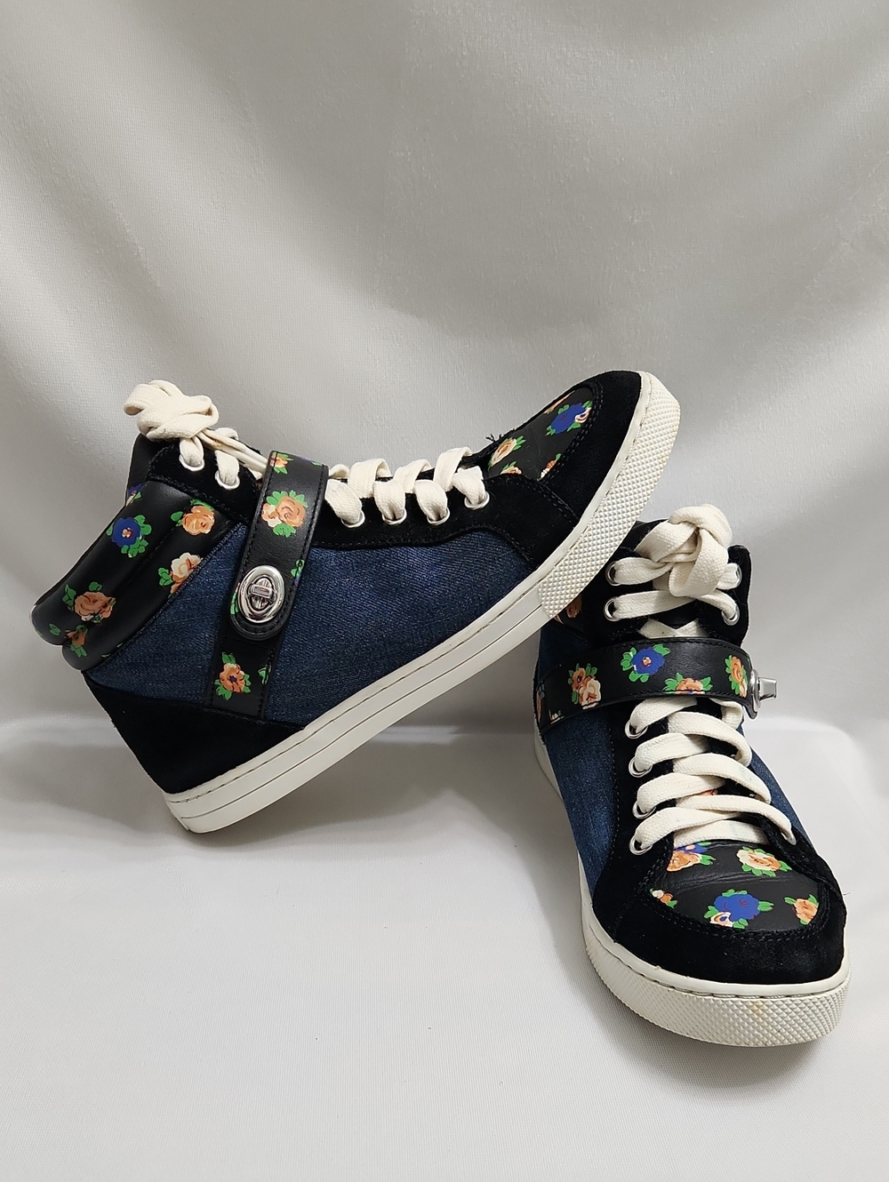 Coach Pembroke Tea Rose Floral Denim Suede High-Top Sneakers (W Size 8)